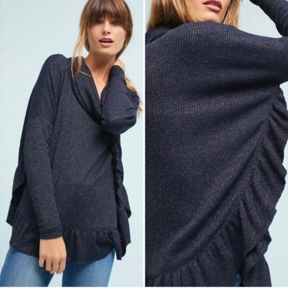 Anthropologie Postmark Ruffled Metallic Cowl Neck Oversized Sweater Small